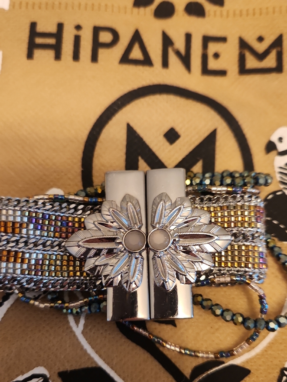 Hipanema Tan Pouch with Multicolor Beaded Bracelet and Silver Floral Clasp